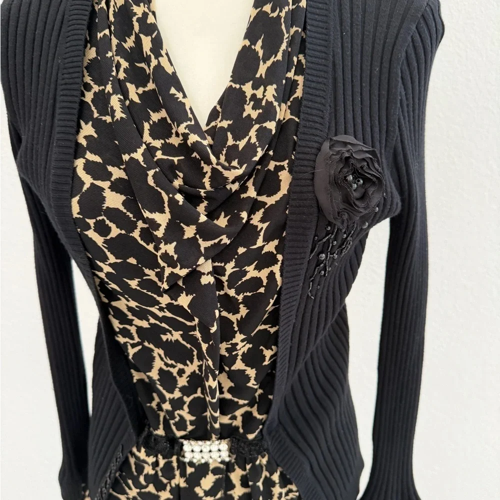 Black Ribbed Sweater with Leopard Print Accent - Picture 2 of 4